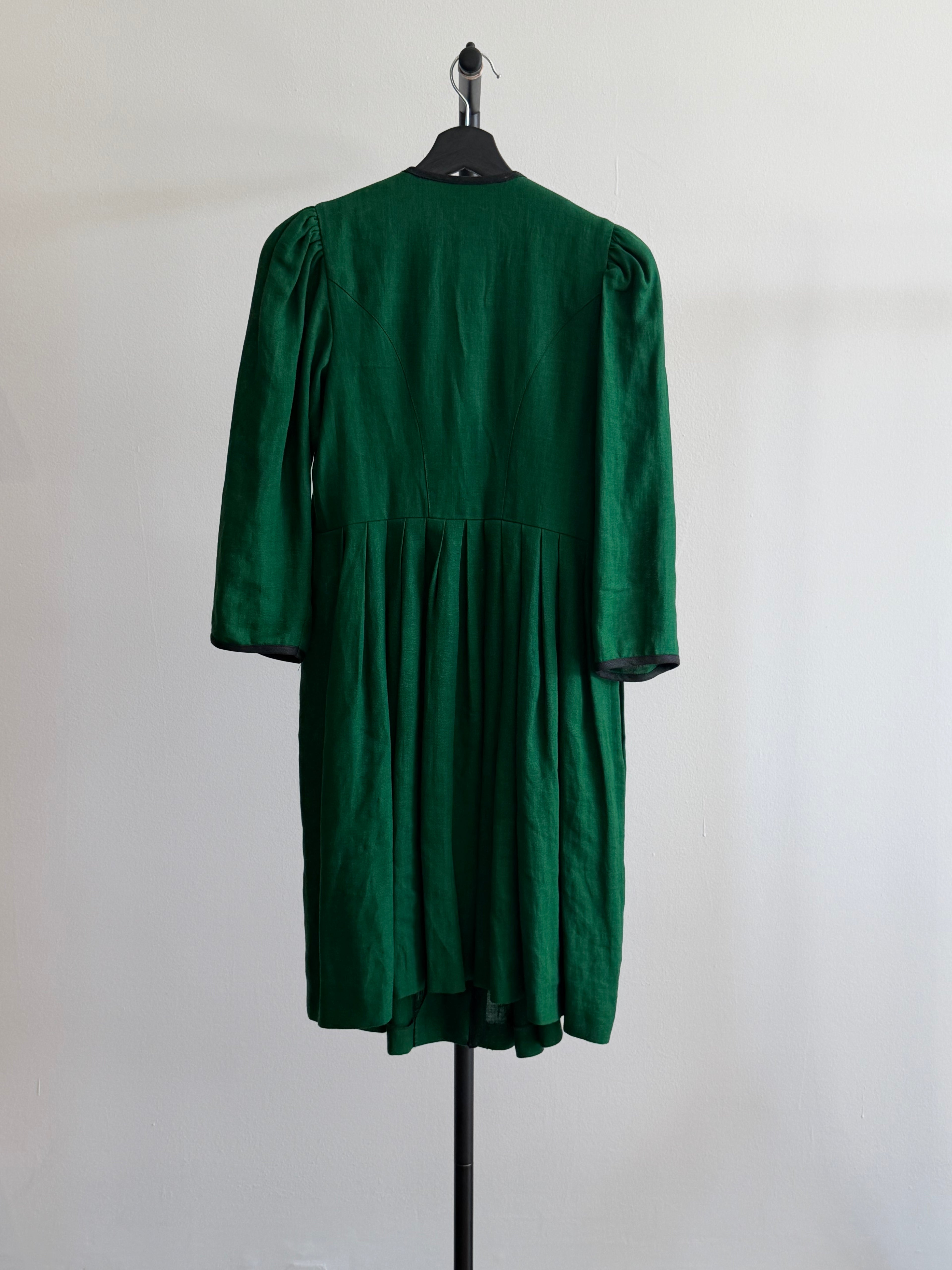 Vintage Green Linen Dress with Black Trim