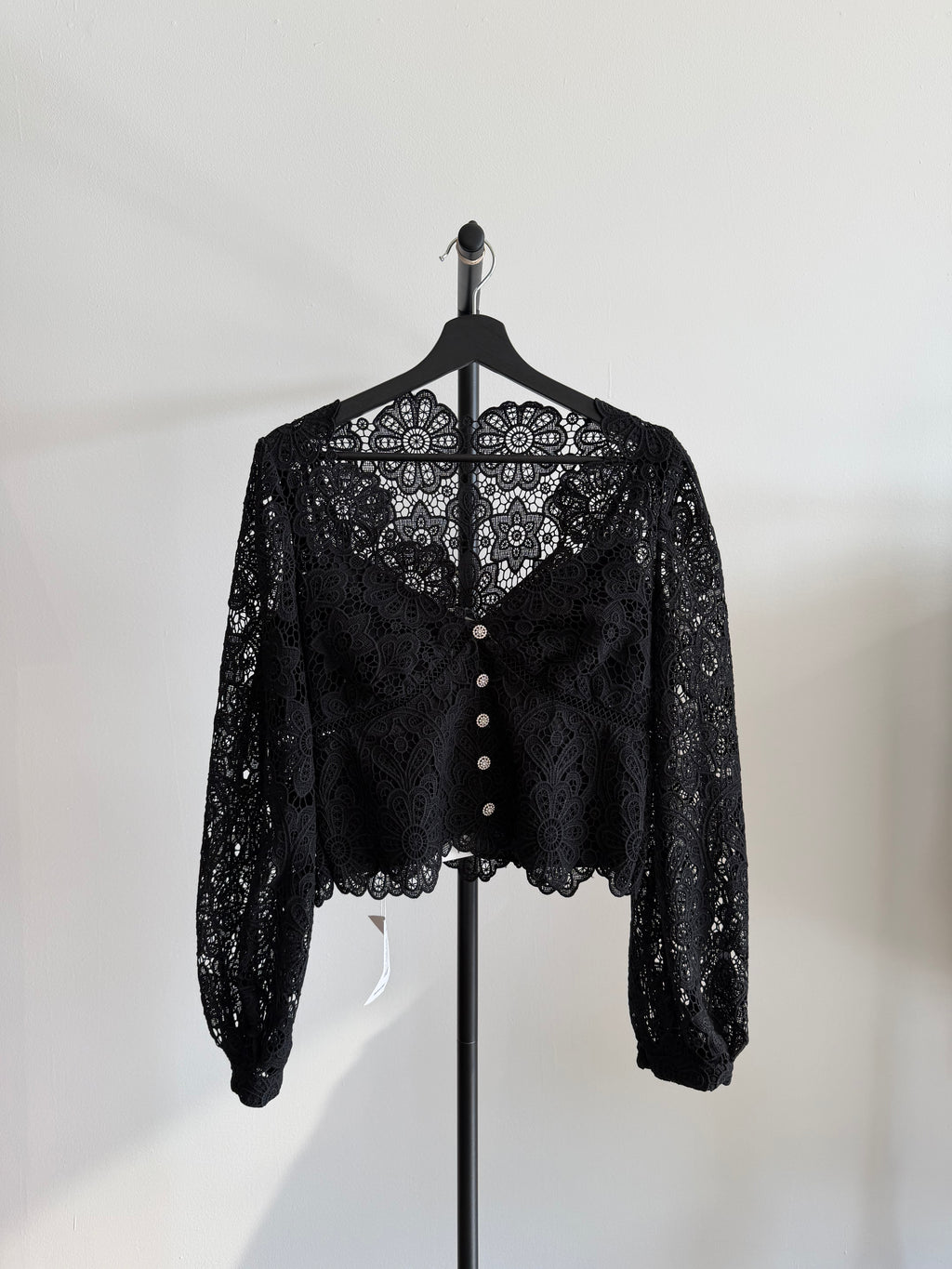 Self-Portrait Black Lace Guipure Puff Sleeve Blouse