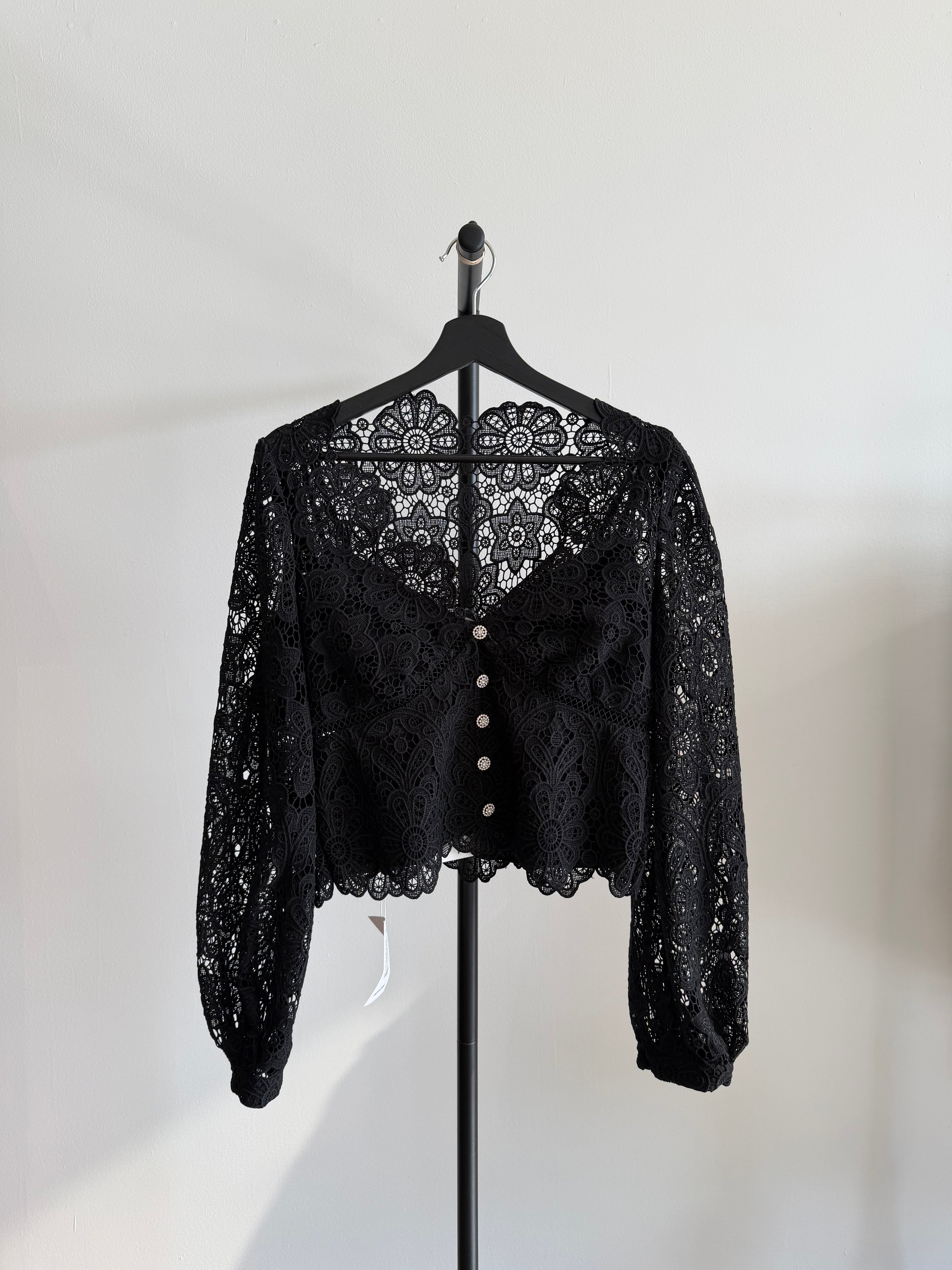 Self-Portrait Black Lace Guipure Puff Sleeve Blouse
