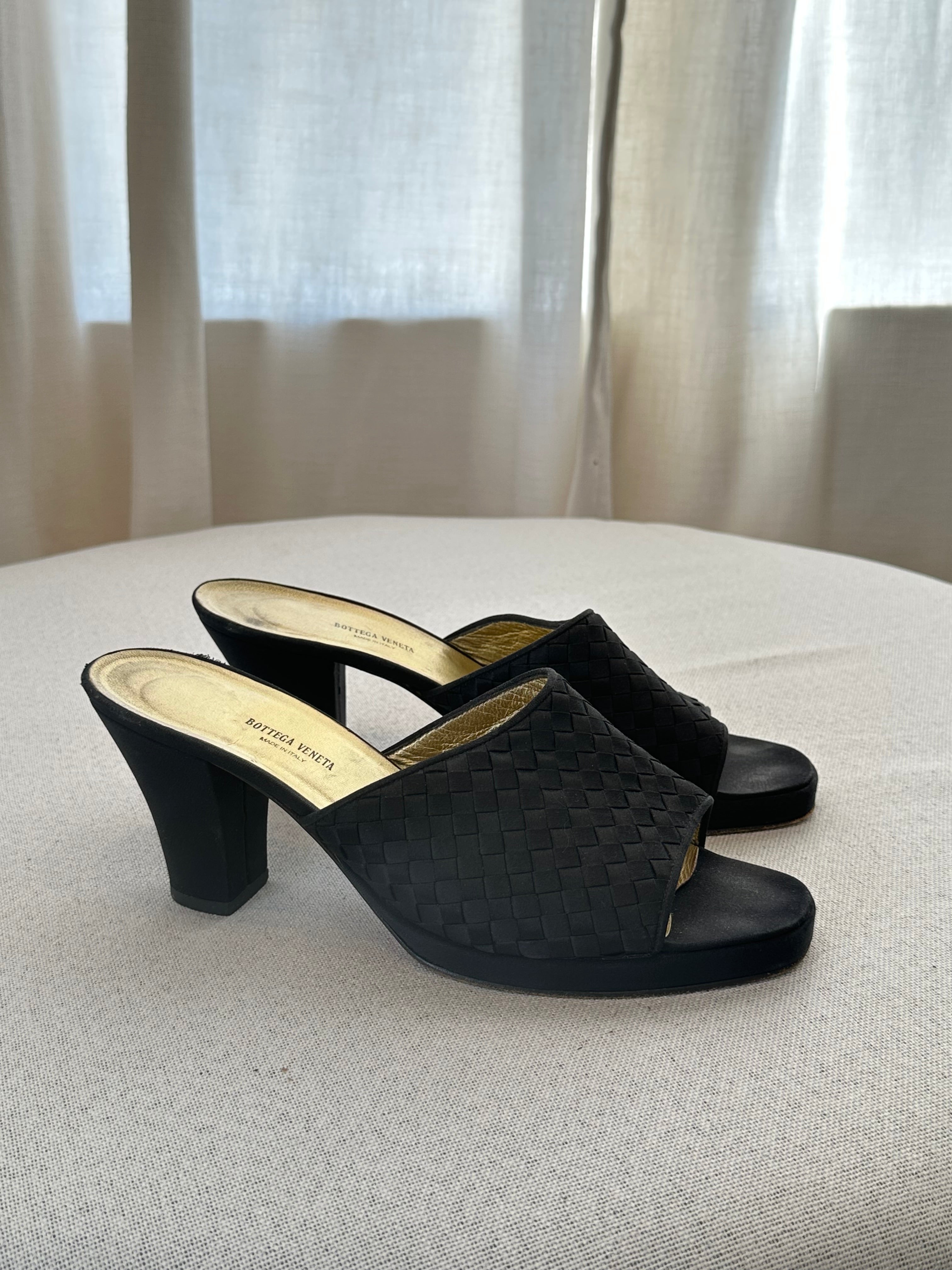 Bottega Veneta Black Satin Slides