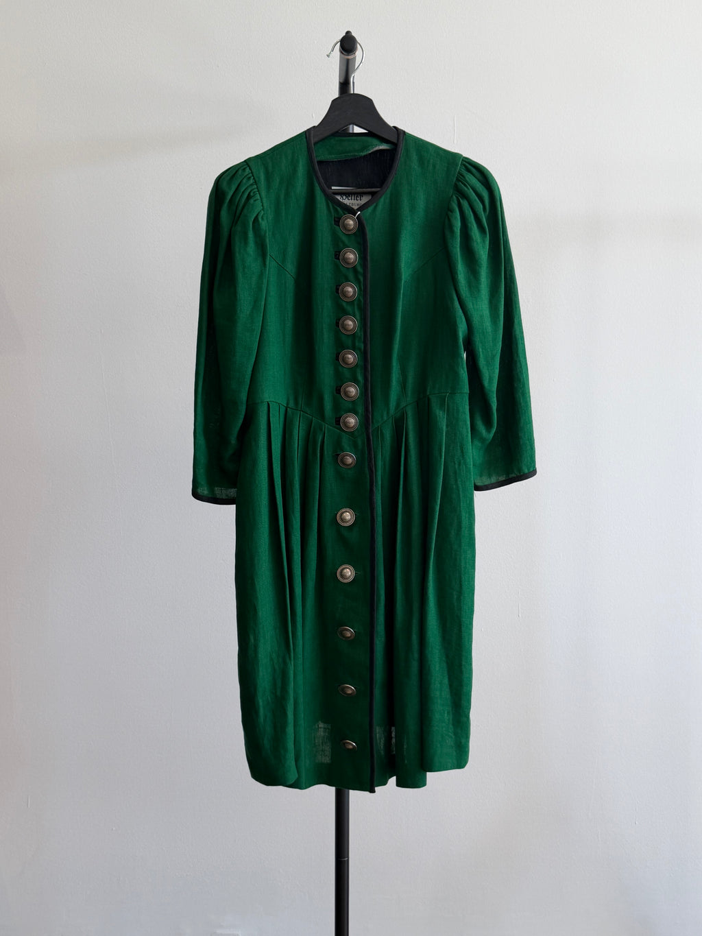 Vintage Green Linen Dress with Black Trim