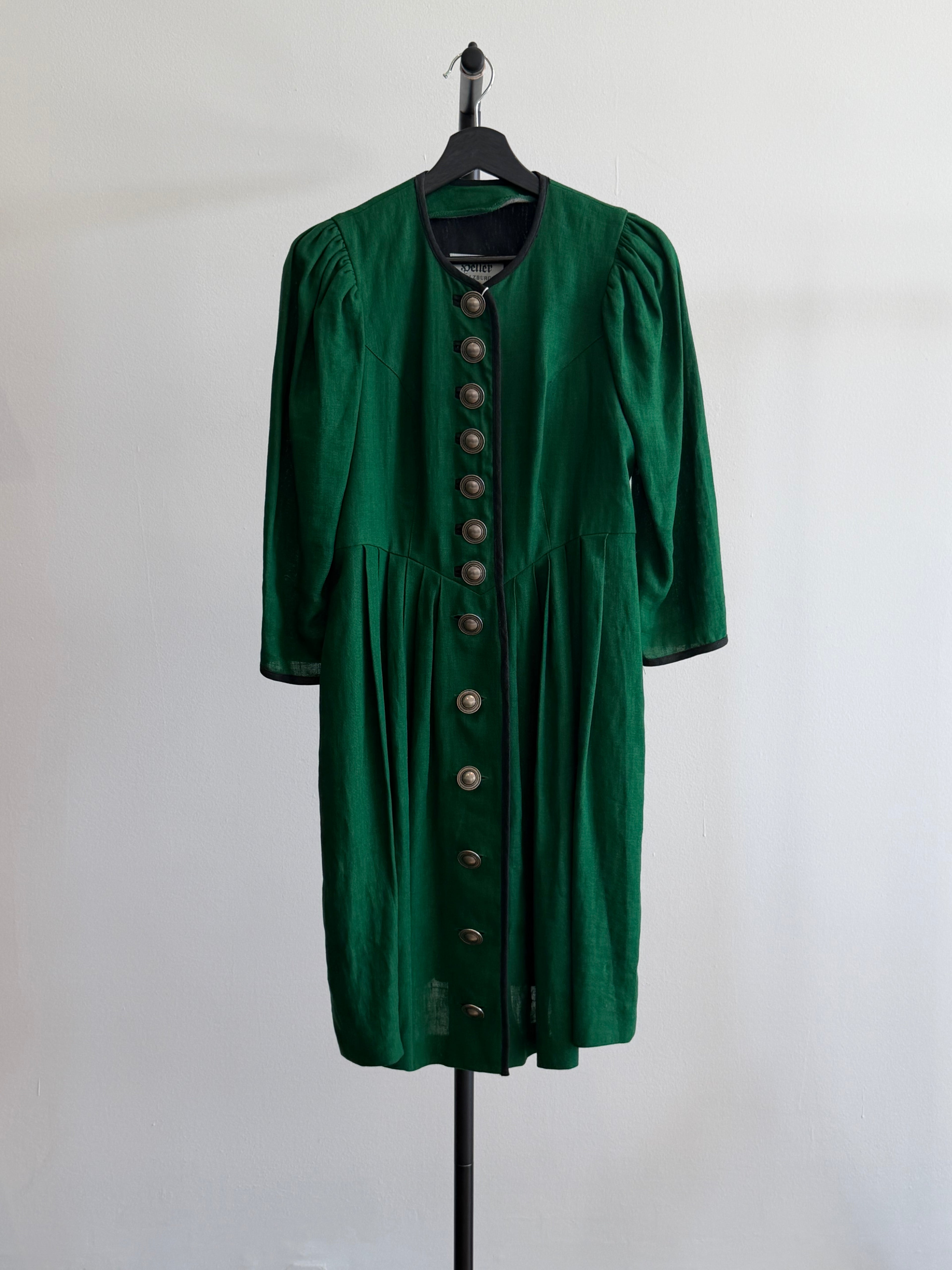 Vintage Green Linen Dress with Black Trim