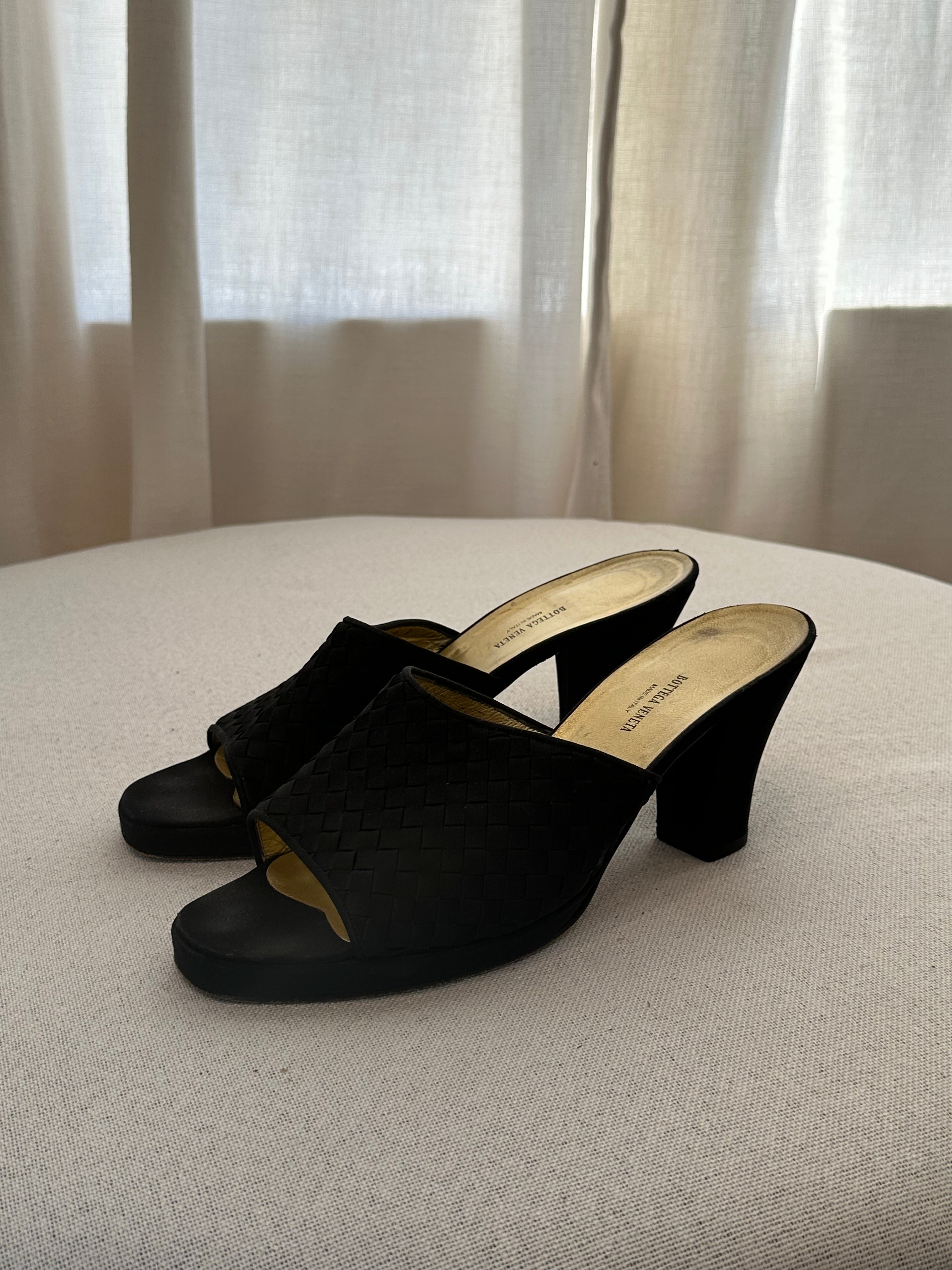 Bottega Veneta Black Satin Slides