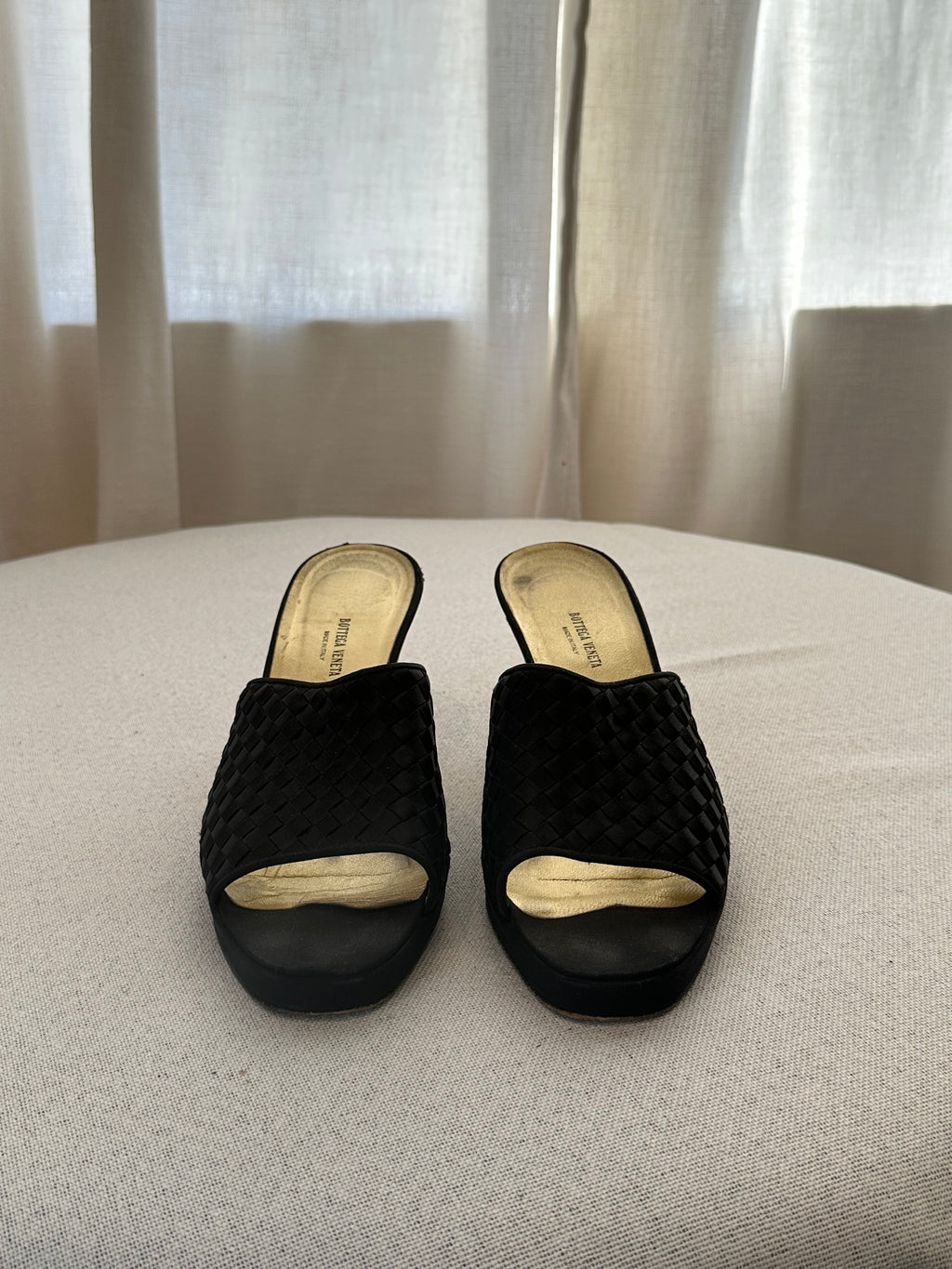 Bottega Veneta Black Satin Slides