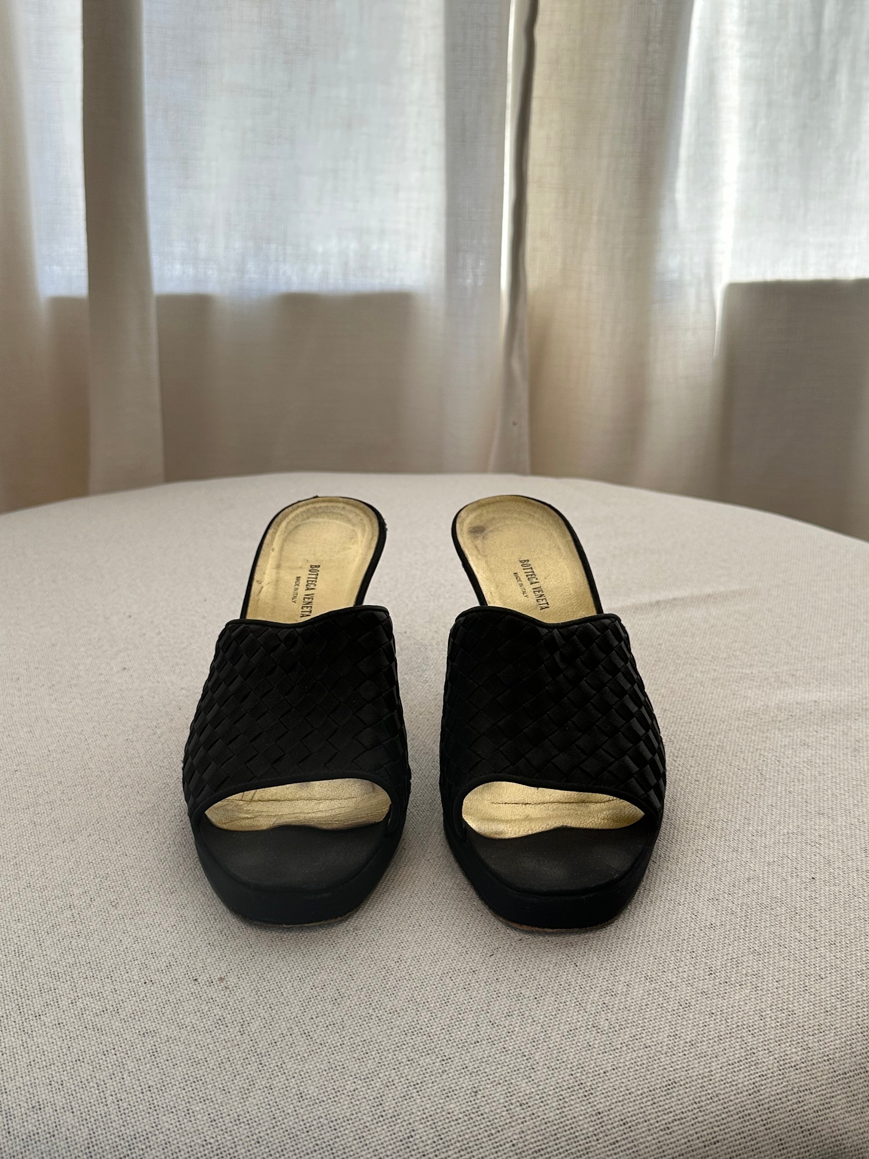 Bottega Veneta Black Satin Slides