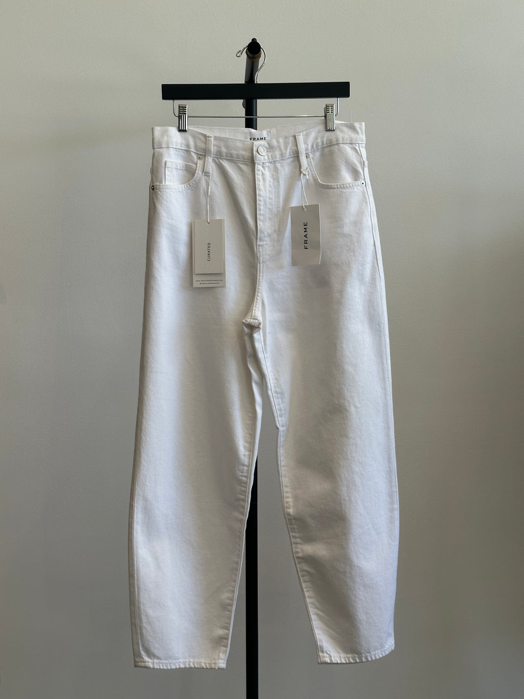 Frame Barrel Leg Jeans, White Denim, Size 29